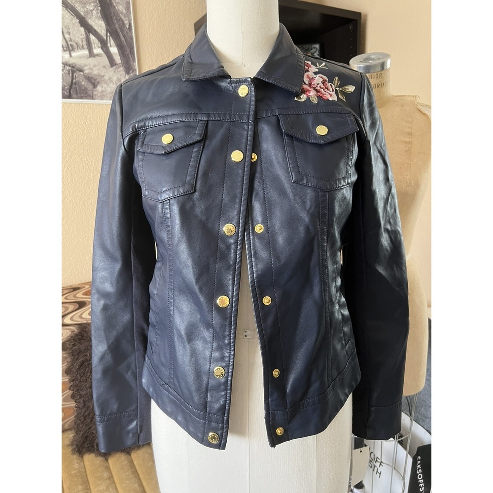 Mark New York Andrew Mark Women's Faux Leather Short Jacket Sz S Navy Embroidery